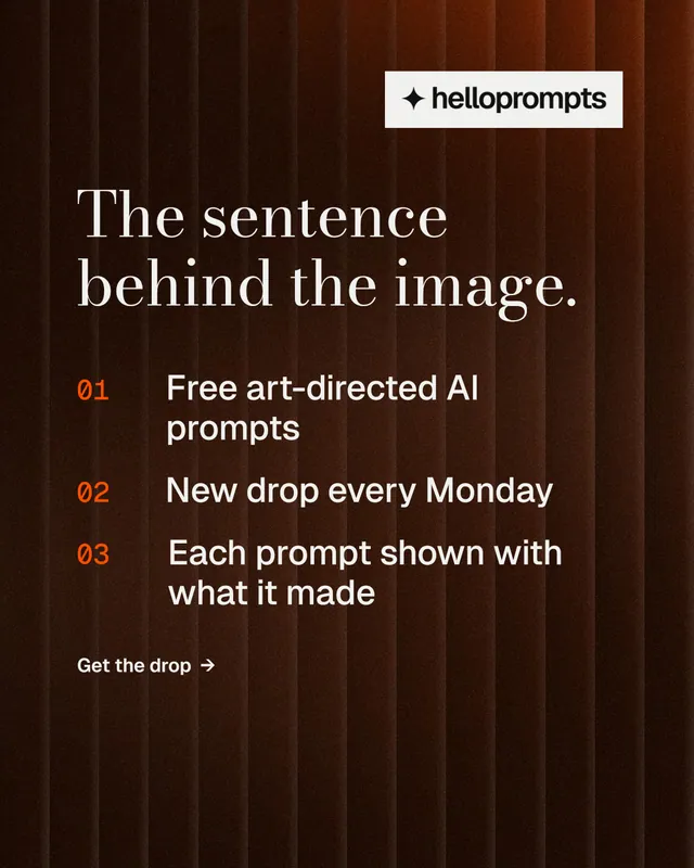 Instagram portrait post for HelloPrompts: "The sentence behind the image." Minimal luxury style, numbered layout, dark palette in black, orange, grey.