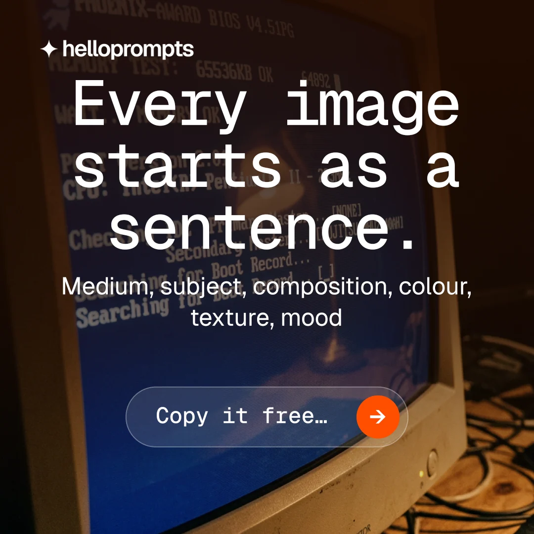 Instagram post for HelloPrompts: "Every image starts as a sentence." Agentic glass style, skeleton layout, dark palette in black, brown, grey.