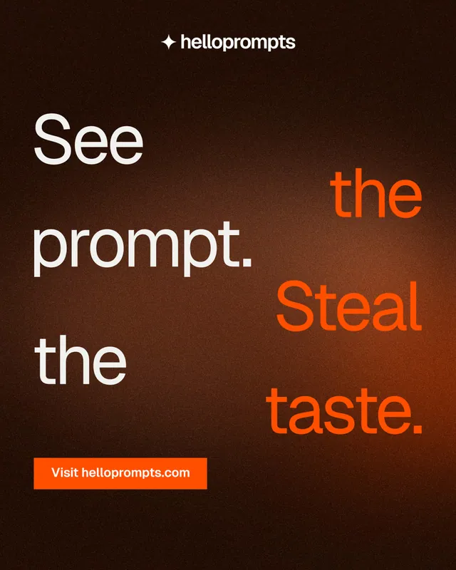 Instagram portrait post for HelloPrompts: "See the prompt. Steal the taste." Swiss style, stacked layout, dark palette in orange, black, brown.