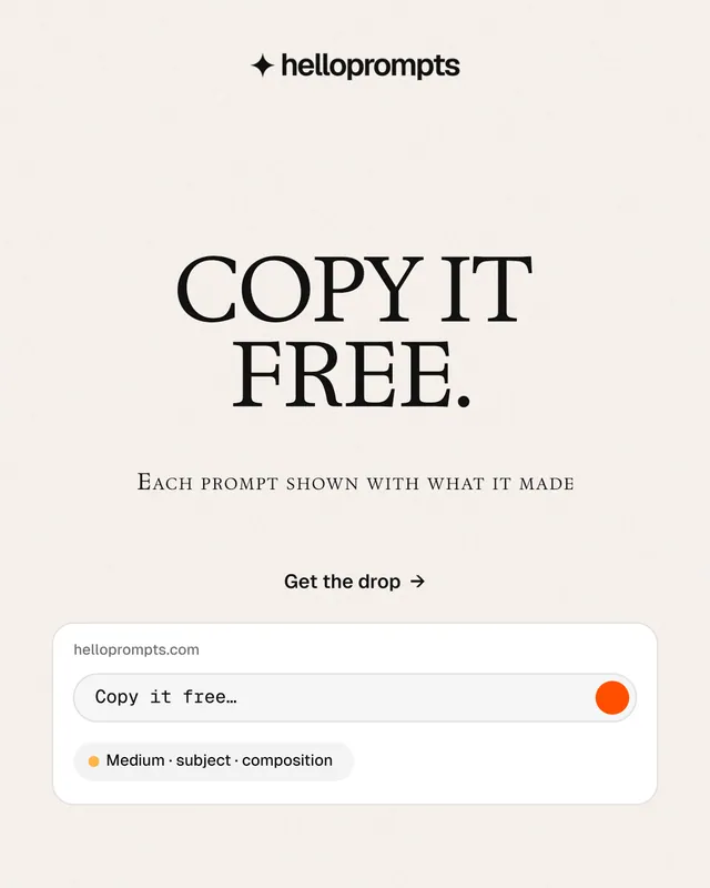 Instagram portrait post for HelloPrompts: "Copy it free." Swiss style, smallcaps layout, light palette in white.