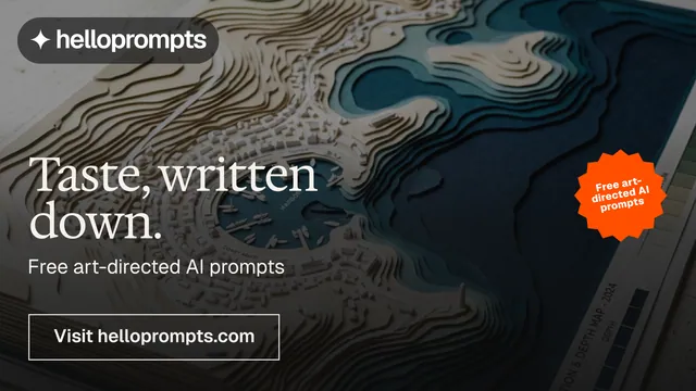 Landscape graphic for HelloPrompts: "Taste, written down." Editorial style, sticker layout, dark palette in grey, black.