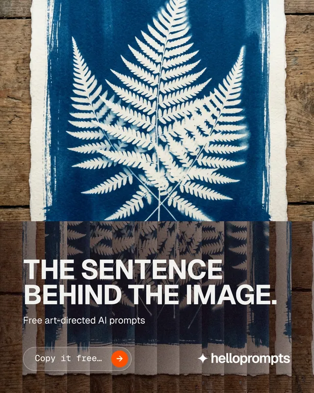 Instagram portrait post for HelloPrompts: "The sentence behind the image." Agentic glass style, bottom layout, dark palette in blue, grey, black.