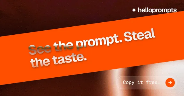 Social ad for HelloPrompts: "See the prompt. Steal the taste." Agentic glass style, diagonal layout, dark palette in orange, red.