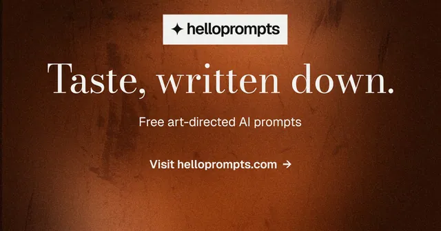 Social ad for HelloPrompts: "Taste, written down." Minimal luxury style, centred layout, dark palette in black, orange.