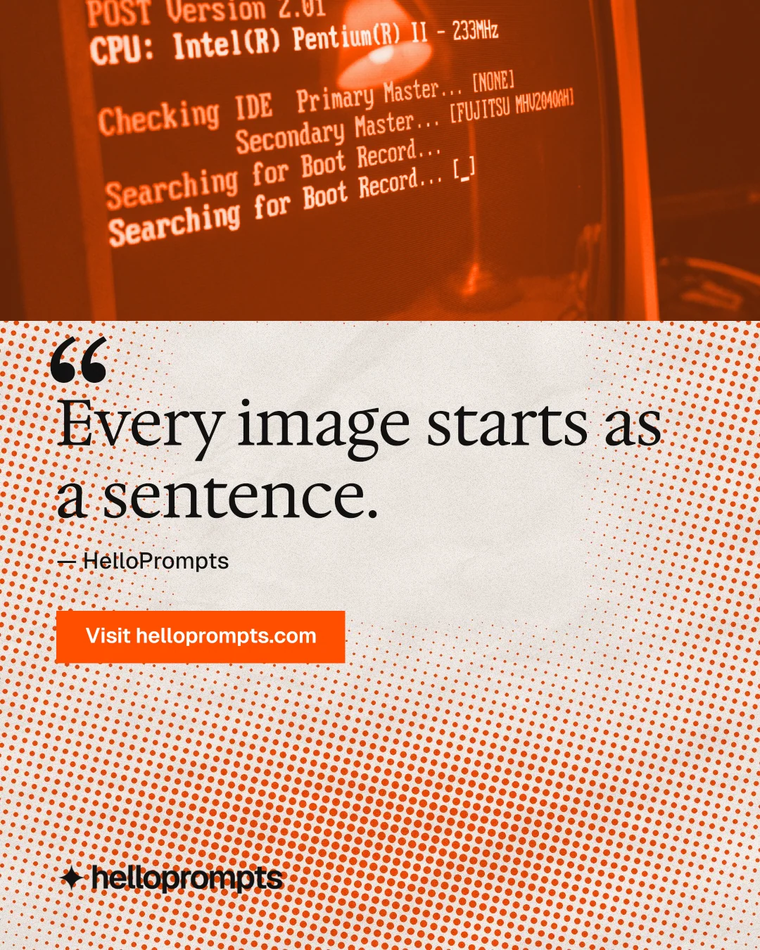Instagram portrait post for HelloPrompts: "Say it like an art director." Swiss style, quote layout, light palette in orange.