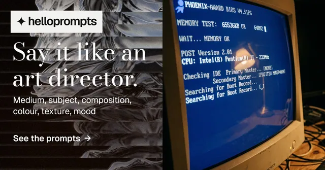 Social ad for HelloPrompts: "Say it like an art director." Minimal luxury style, bottom layout, dark palette in black, blue, grey.