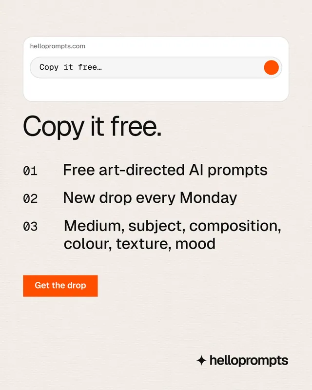 Instagram portrait post for HelloPrompts: "Copy it free." Swiss style, numbered layout, light palette in white, orange.