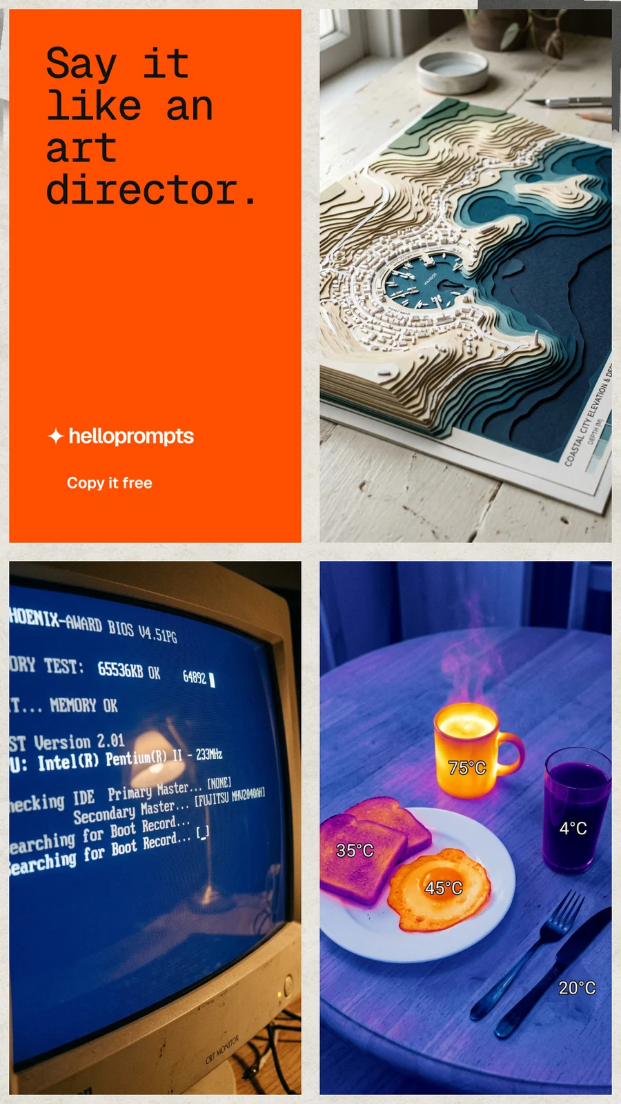 Instagram story for HelloPrompts: "Say it like an art director." Swiss style, collage layout, dark palette in blue, red, orange.