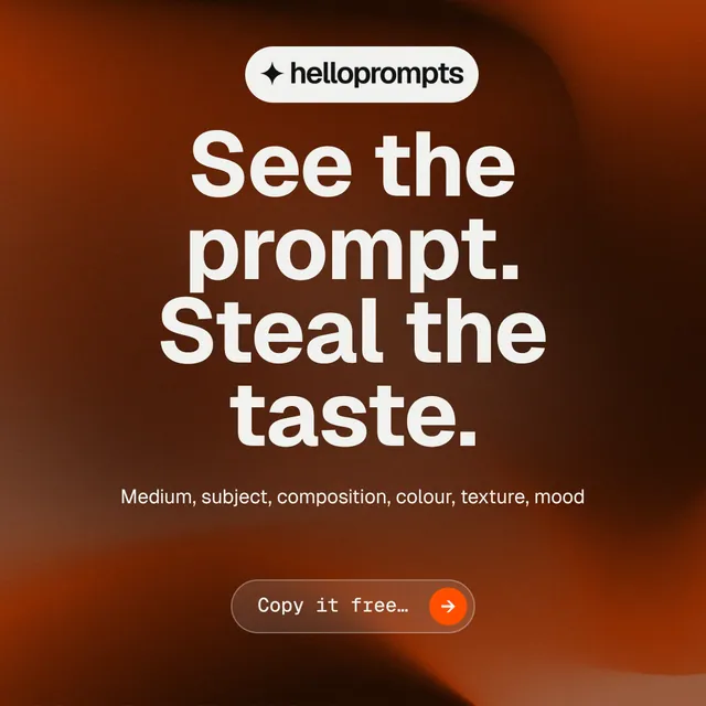 Instagram post for HelloPrompts: "See the prompt. Steal the taste." Agentic glass style, centred layout, dark palette in orange, black, brown.