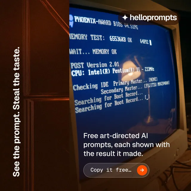 Instagram post for HelloPrompts: "See the prompt. Steal the taste." Agentic glass style, vertical layout, dark palette in black, blue, orange.