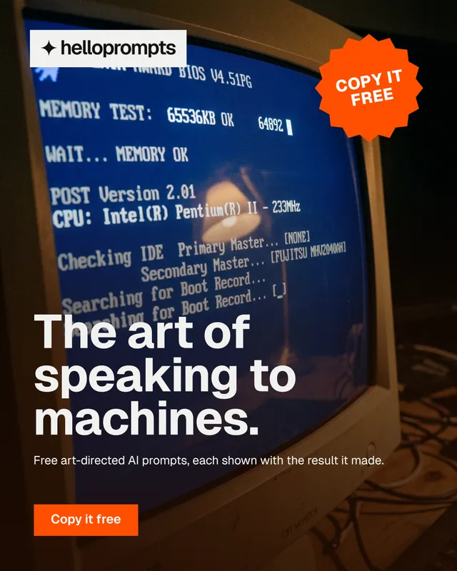 Instagram portrait post for HelloPrompts: "The art of speaking to machines." Swiss style, sticker layout, dark palette in blue, orange, grey.