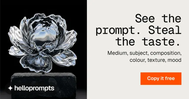 Social ad for HelloPrompts: "See the prompt. Steal the taste." Swiss style, right layout, light palette in white, black, grey.