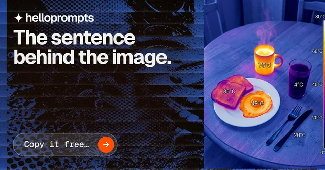Social ad for HelloPrompts: "The sentence behind the image." Agentic glass style, skeleton layout, dark palette in blue, black, purple.