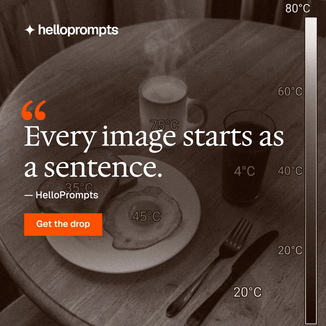 Instagram post for HelloPrompts: "The sentence behind the image." Swiss style, quote layout, dark palette in orange, grey.
