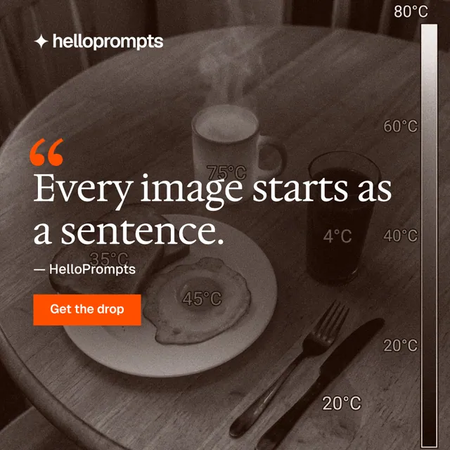Instagram post for HelloPrompts: "The sentence behind the image." Swiss style, quote layout, dark palette in orange, grey.