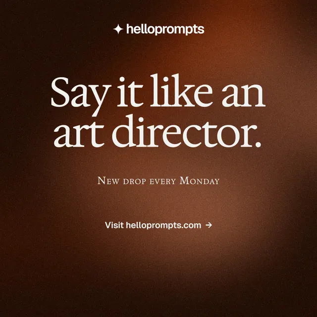 Instagram post for HelloPrompts: "Say it like an art director." Agentic glass style, smallcaps layout, dark palette in black, orange.