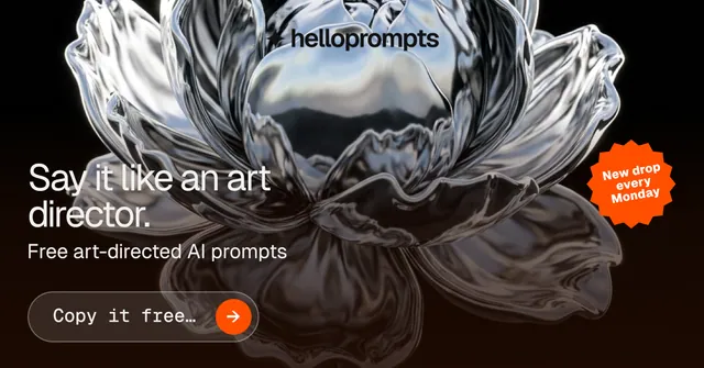 Social ad for HelloPrompts: "Say it like an art director." Agentic glass style, sticker layout, dark palette in black, grey, orange.