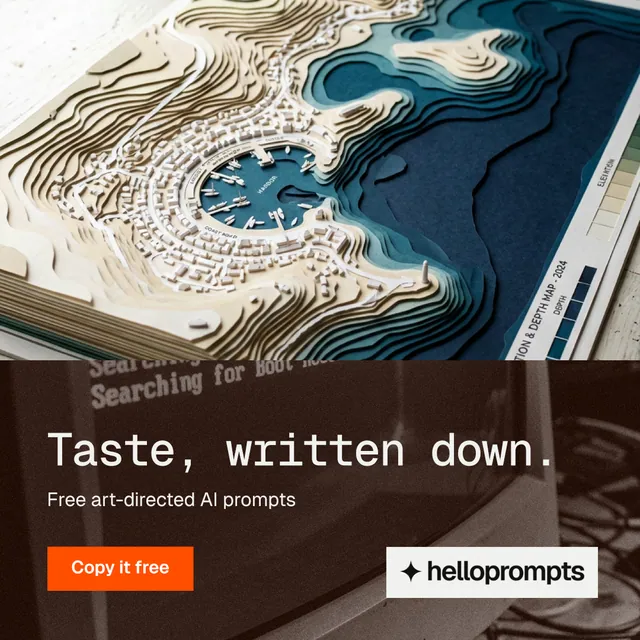 Instagram post for HelloPrompts: "Taste, written down." Swiss style, bottom layout, dark palette in orange, blue, grey.
