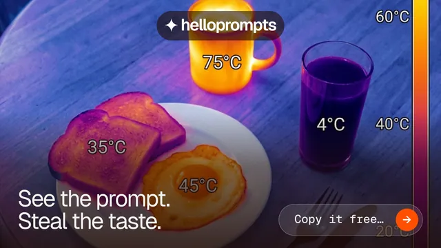 Landscape graphic for HelloPrompts: "See the prompt. Steal the taste." Agentic glass style, image led layout, dark palette in blue, pink, orange.