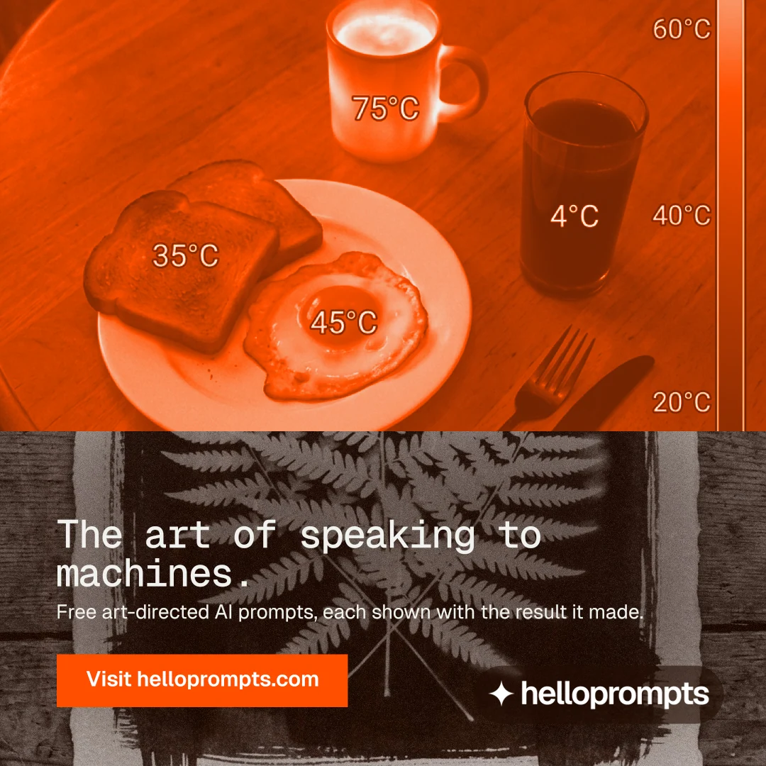 Instagram post for HelloPrompts: "The art of speaking to machines." Swiss style, bottom layout, dark palette in orange, brown.