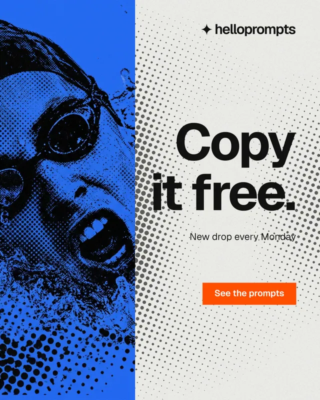 Instagram portrait post for HelloPrompts: "Copy it free." Swiss style, right layout, light palette in blue, white.