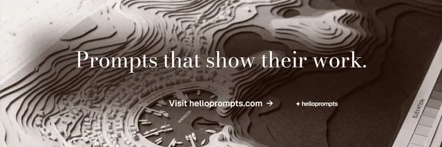 X header for HelloPrompts: "Prompts that show their work." Minimal luxury style, centred layout, dark palette in orange, grey, white.
