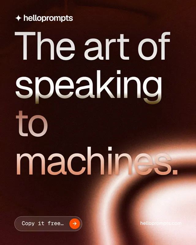 Instagram portrait post for HelloPrompts: "The art of speaking to machines." Agentic glass style, poster layout, dark palette in black, orange, red.