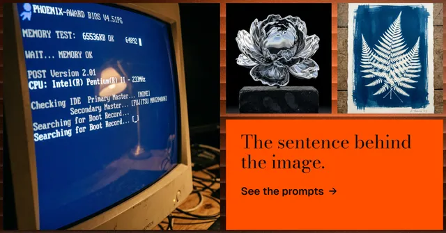 Social ad for HelloPrompts: "The sentence behind the image." Minimal luxury style, collage layout, dark palette in blue, orange, red.