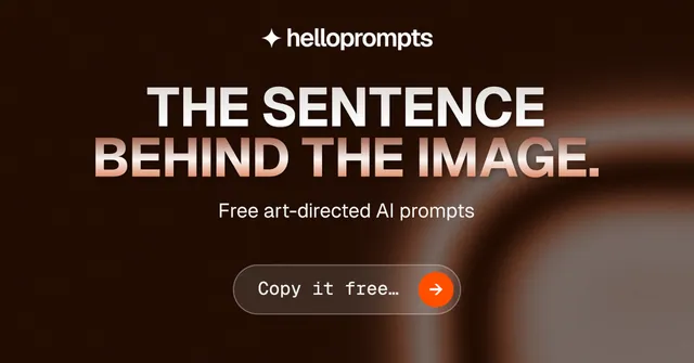 Social ad for HelloPrompts: "The sentence behind the image." Agentic glass style, centred layout, dark palette in black, grey, orange.