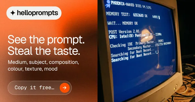 Social ad for HelloPrompts: "See the prompt. Steal the taste." Agentic glass style, bottom layout, dark palette in blue, orange, brown.