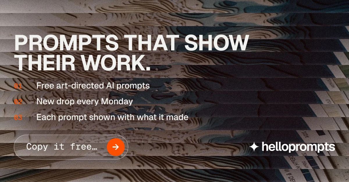 Social ad for HelloPrompts: "Prompts that show their work." Agentic glass style, numbered layout, dark palette in black, grey.