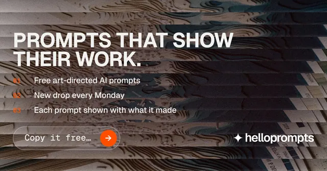 Social ad for HelloPrompts: "Prompts that show their work." Agentic glass style, numbered layout, dark palette in black, grey.
