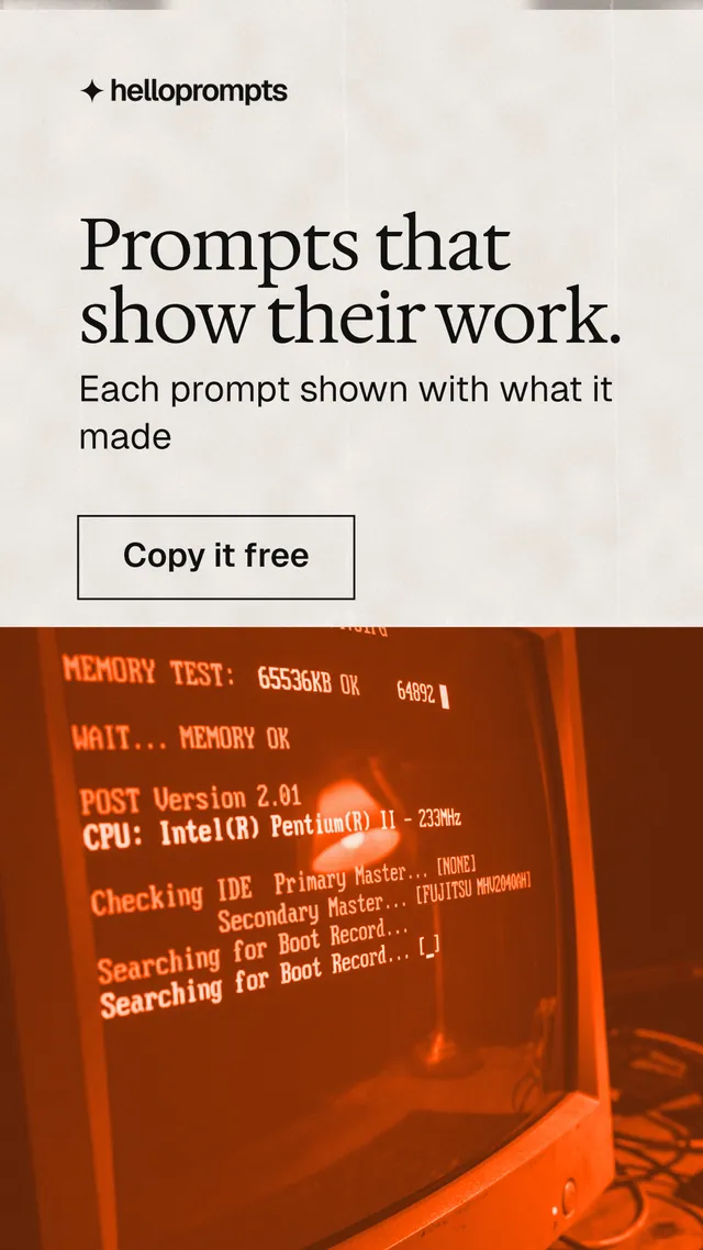 Instagram story for HelloPrompts: "Prompts that show their work." Editorial style, skeleton layout, light palette in orange, white.