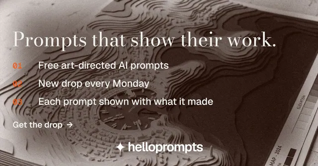 Social ad for HelloPrompts: "Prompts that show their work." Minimal luxury style, numbered layout, dark palette in orange, grey.