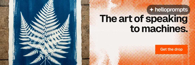 X header for HelloPrompts: "The art of speaking to machines." Swiss style, right layout, light palette in blue, brown, orange.