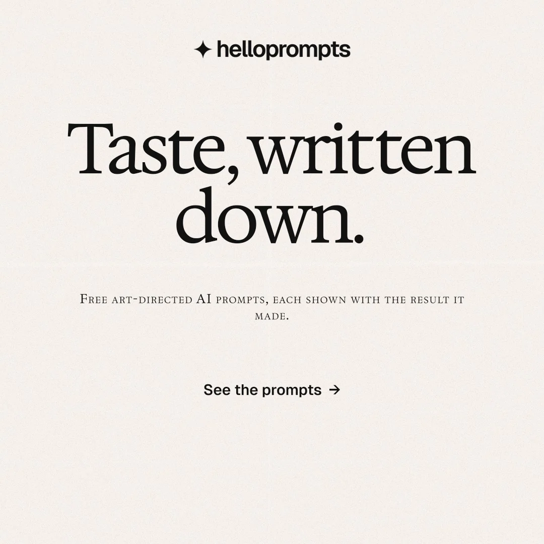 Instagram post for HelloPrompts: "Taste, written down." Swiss style, smallcaps layout, light palette in white.