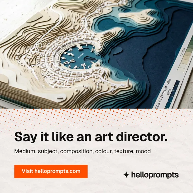 Instagram post for HelloPrompts: "Say it like an art director." Swiss style, bottom layout, light palette in white, black, grey.
