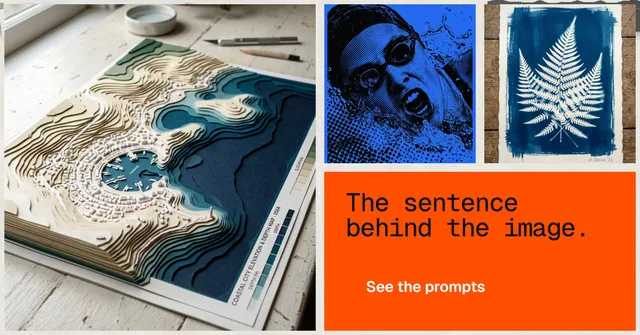 Social ad for HelloPrompts: "The sentence behind the image." Swiss style, collage layout, light palette in blue, orange, grey.