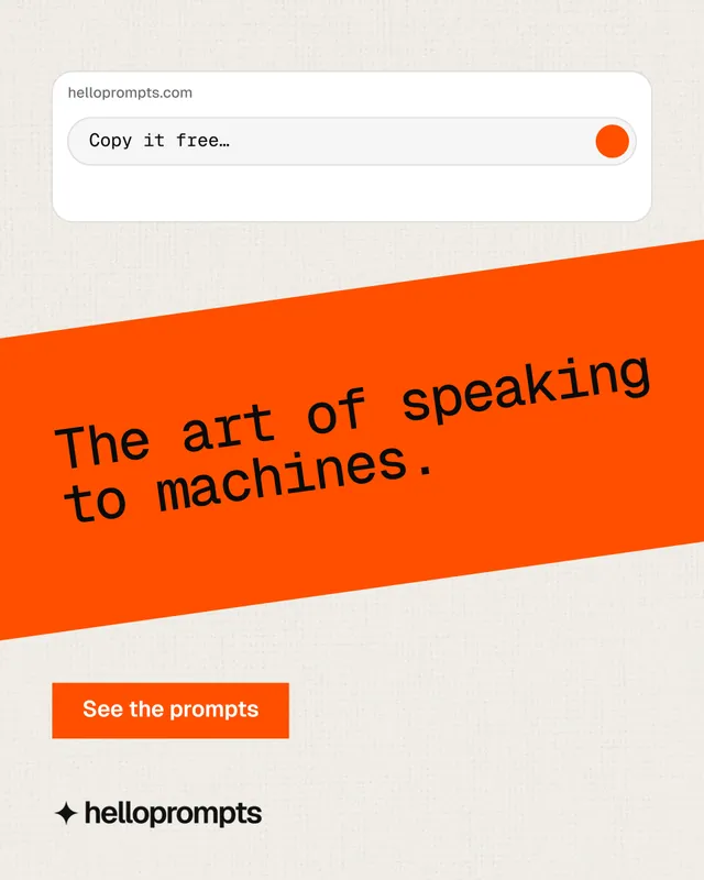 Instagram portrait post for HelloPrompts: "The art of speaking to machines." Swiss style, diagonal layout, light palette in yellow, orange, white.