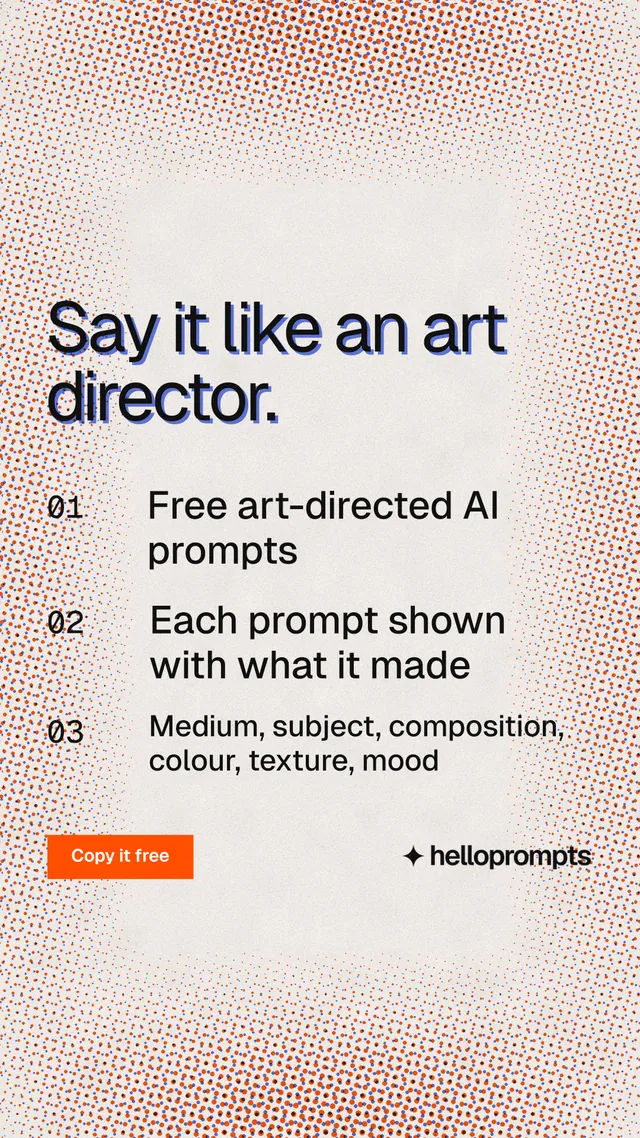 Instagram story for HelloPrompts: "Say it like an art director." Swiss style, numbered layout, light palette in red, orange, grey.