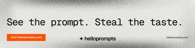 LinkedIn banner for HelloPrompts: "See the prompt. Steal the taste." Split block style, poster layout, light palette in grey, white.
