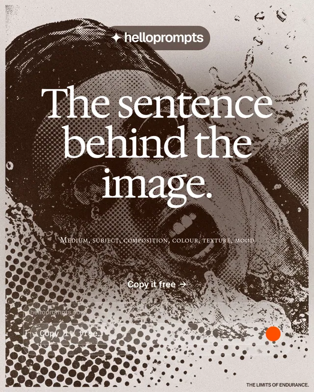 Instagram portrait post for HelloPrompts: "The sentence behind the image." Swiss style, smallcaps layout, light palette in grey, orange, white.