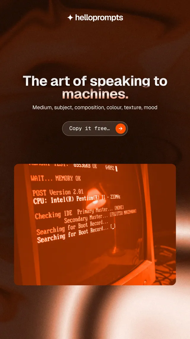 Instagram story for HelloPrompts: "The art of speaking to machines." Agentic glass style, centred layout, dark palette in orange, black.