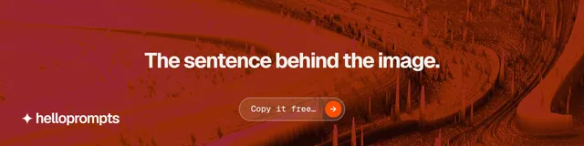 LinkedIn banner for HelloPrompts: "The sentence behind the image." Agentic glass style, centred layout, dark palette in red.