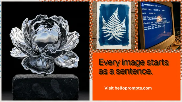 Landscape graphic for HelloPrompts: "Every image starts as a sentence." Swiss style, collage layout, dark palette in black, orange, grey.