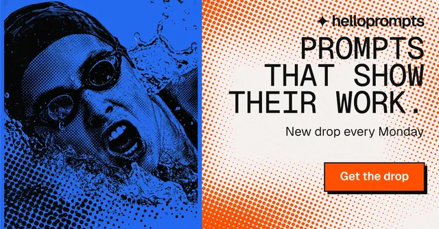 Social ad for HelloPrompts: "Prompts that show their work." Brutalist style, right layout, light palette in blue, red, orange.
