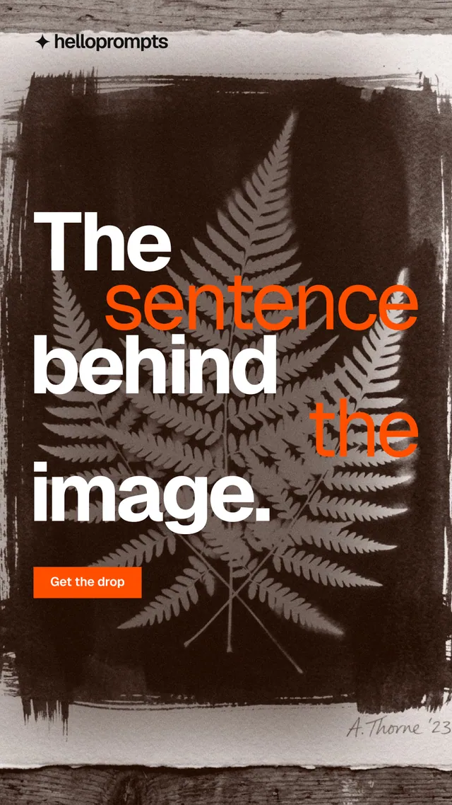 Instagram story for HelloPrompts: "The sentence behind the image." Swiss style, stacked layout, dark palette in orange, black, grey.