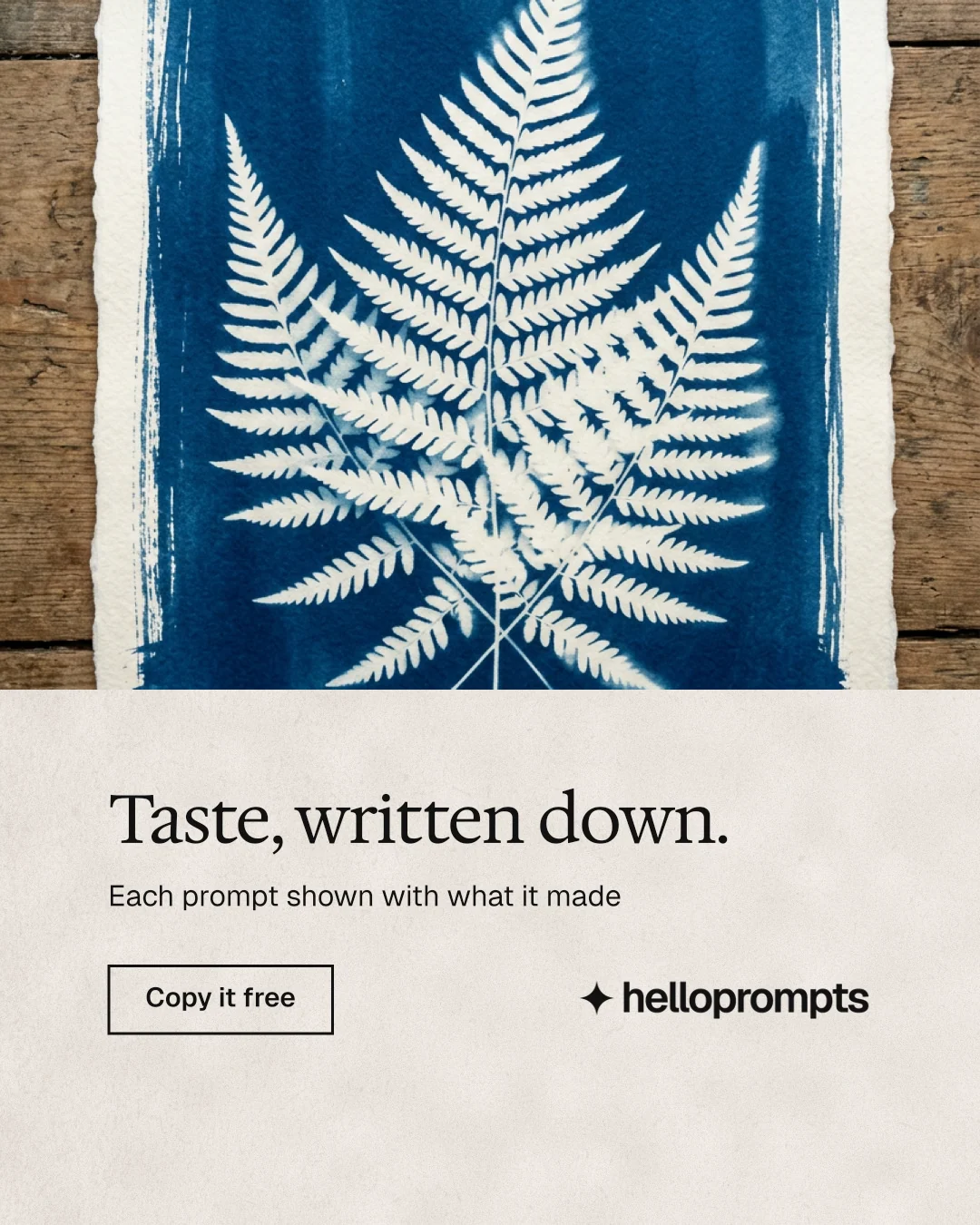 Instagram portrait post for HelloPrompts: "Taste, written down." Editorial style, bottom layout, light palette in orange, blue, grey.
