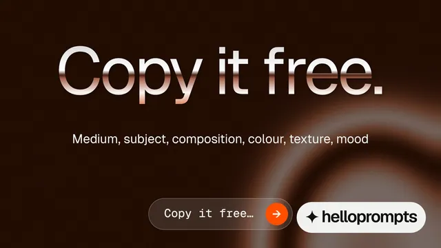Landscape graphic for HelloPrompts: "Copy it free." Agentic glass style, centred layout, dark palette in black, grey, orange.