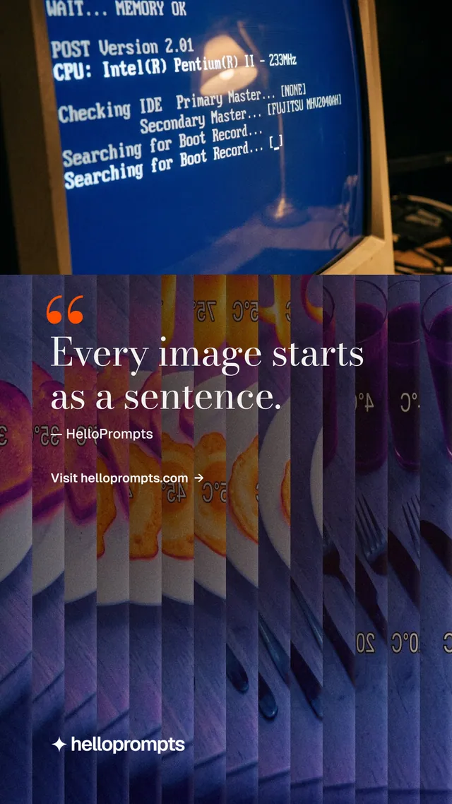 Instagram story for HelloPrompts: "Every image starts as a sentence." Minimal luxury style, quote layout, dark palette in blue, purple, grey.